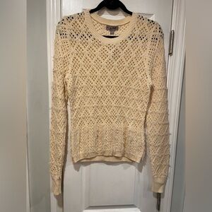 NWT J. Crew Size S Cream Pointelle Fringe Knit Crewneck Pullover Sweater
